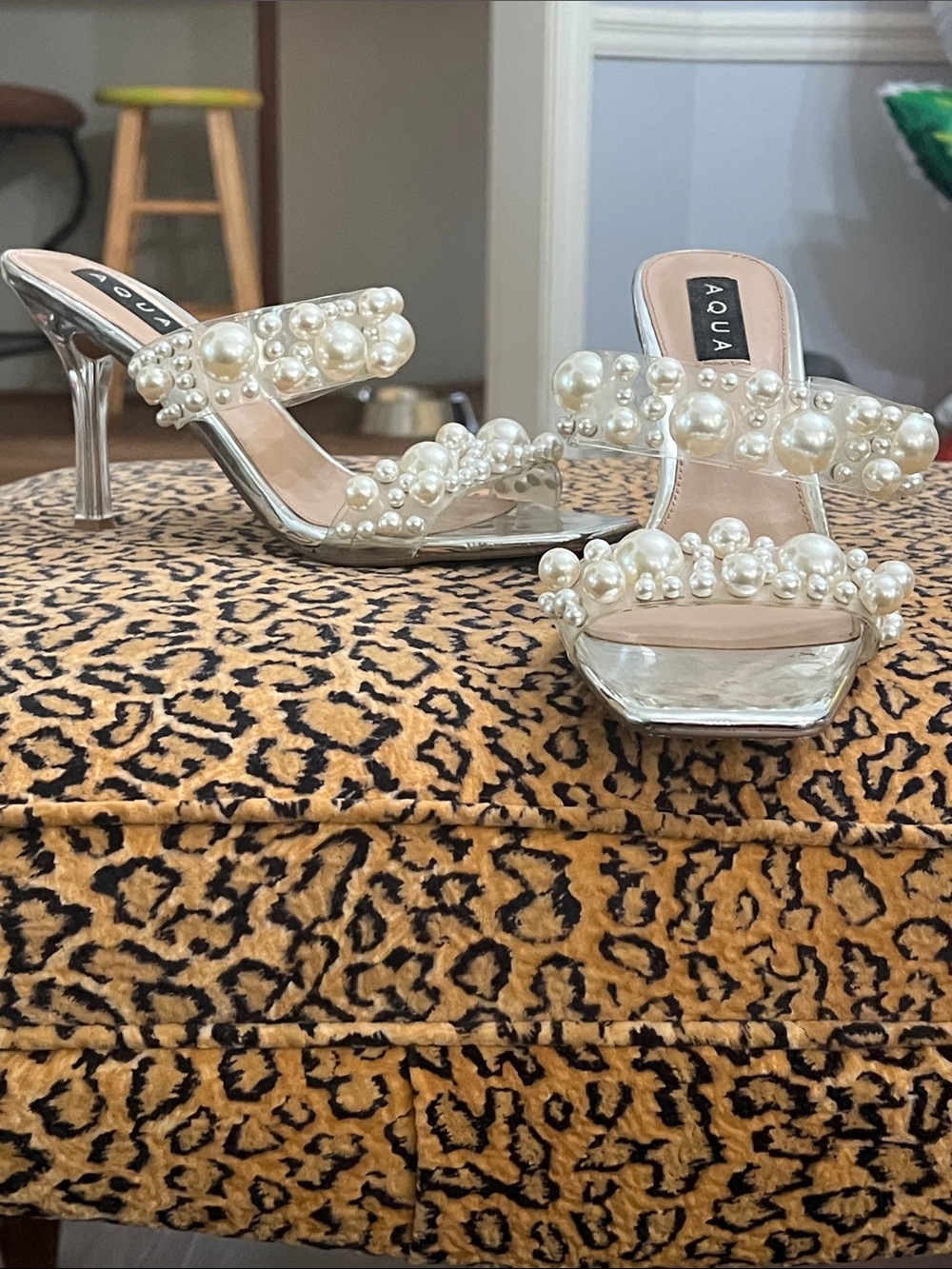 Aqua Silver Pearl-Embellished Clear Strap Heeled Mules